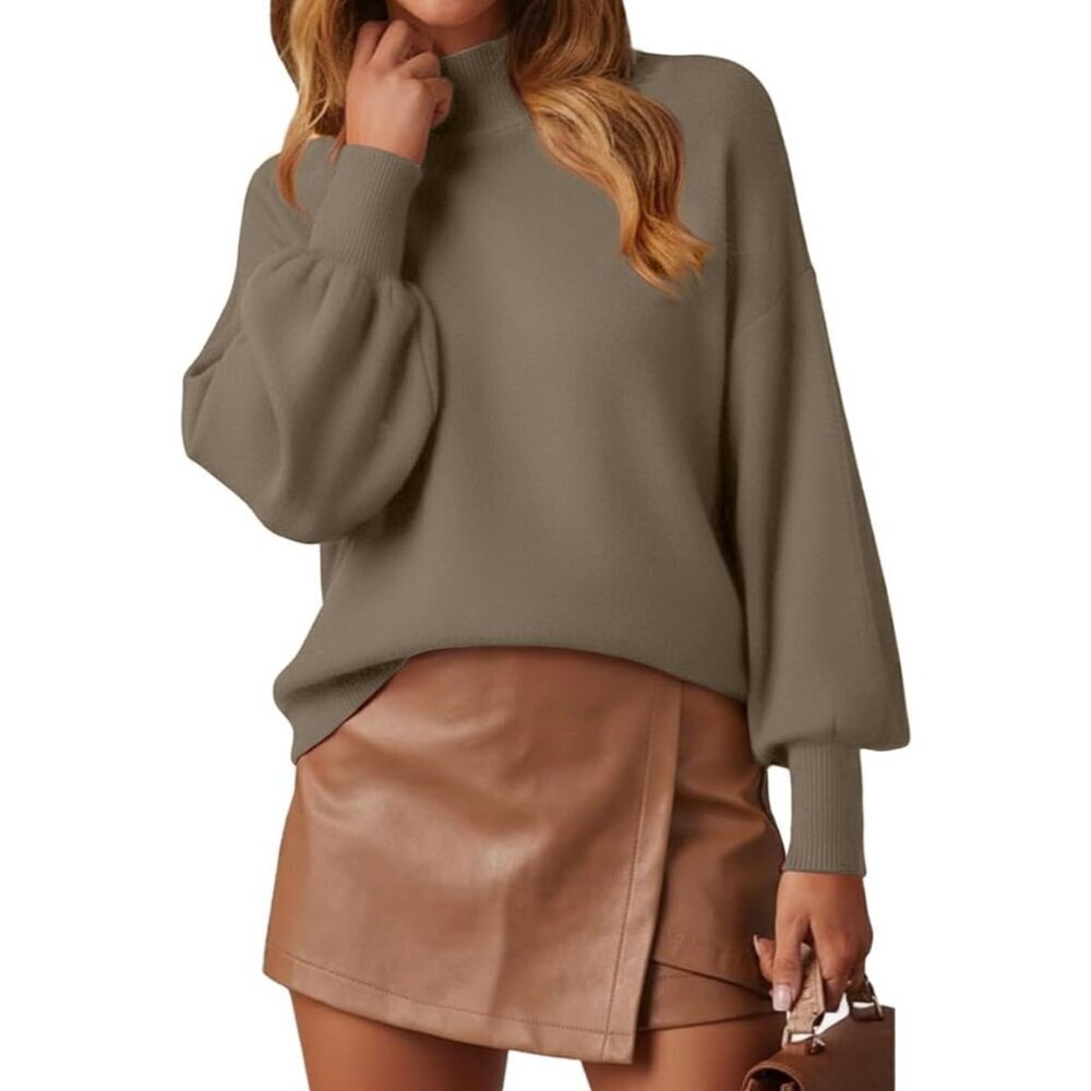 Women's 2025 Fall Fashion Casual Sweaters Mock Neck Long Lantern Sleeve Lightwei